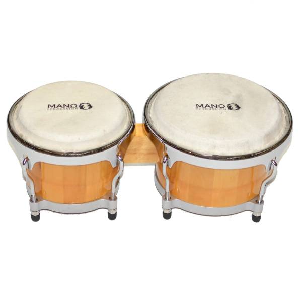 Mano Percussion MP1769NA Professional 7 and 8.5 inch Cuban Style Bongos featuring a natural hardwood finish, chrome hardware, and natural rawhide heads against a white background.