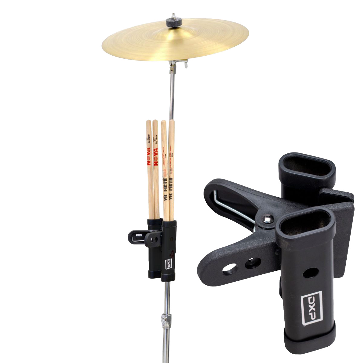 The DXP TDK085 drumstick holder attached to a cymbal stand, containing three pairs of Vic Firth Nova drumsticks, with a close-up showing the heavy-duty black clamp and dual tube construction.