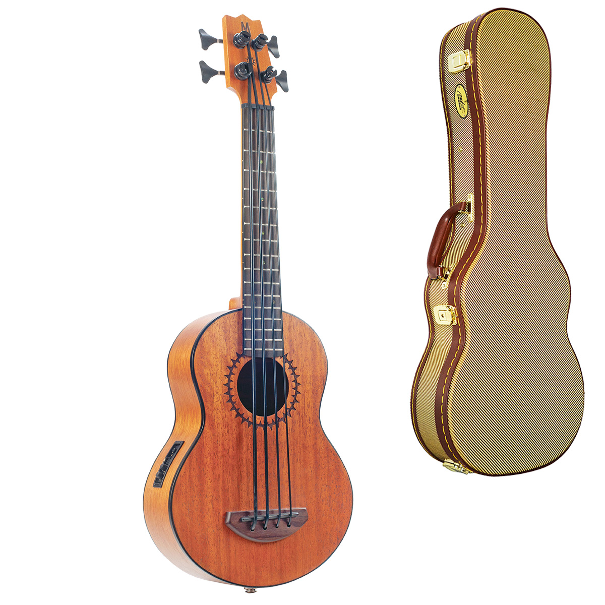 Mahalo MB1 bass ukulele featuring a natural wood body, dark circular rosette, four strings, and a side-mounted control panel, displayed alongside a tweed-style hardshell case with gold hardware.