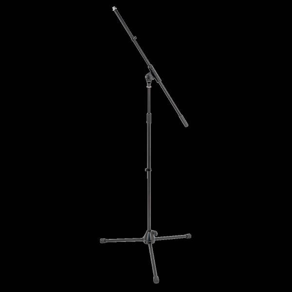 Black heavy-duty boom microphone stand highlighting a central metal twist-lock clutch mechanism and a tripod base.