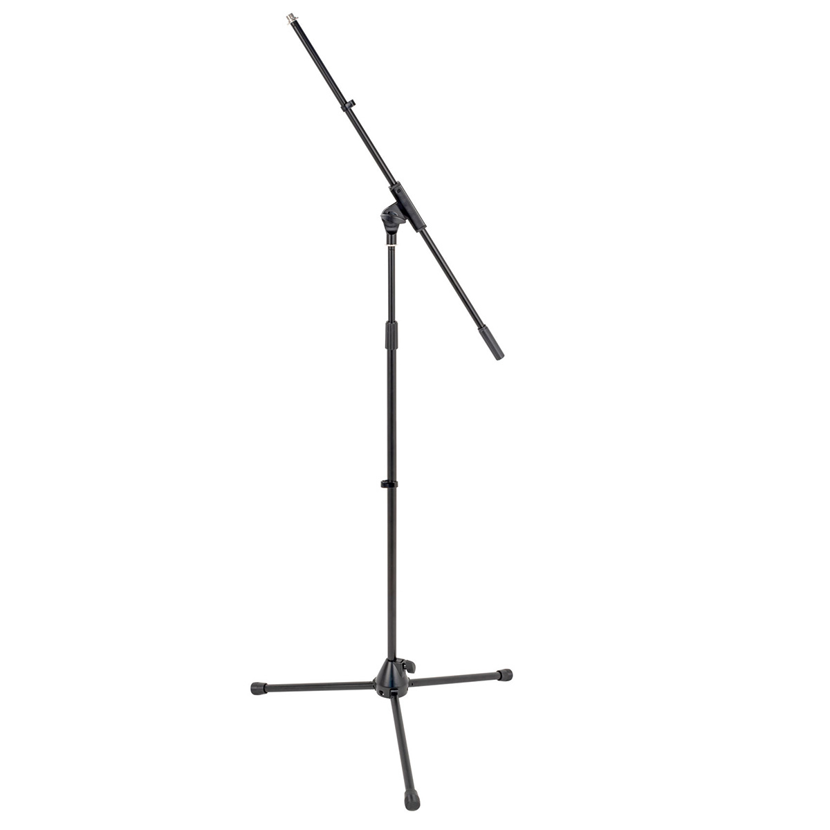 Black heavy-duty boom microphone stand highlighting a central metal twist-lock clutch mechanism and a tripod base.