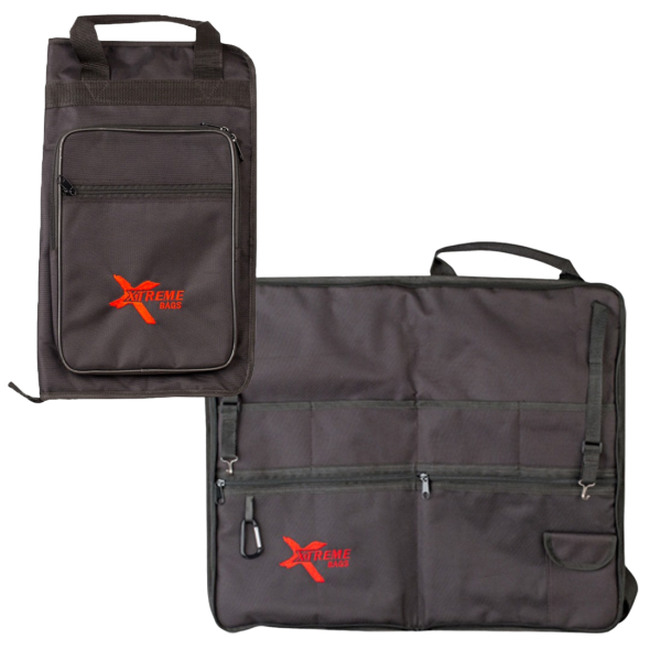 A composite image showing a black Xtreme Bags carrying case closed on the left, and fully opened on the right to reveal multiple internal pockets, zippers, and hanging straps.