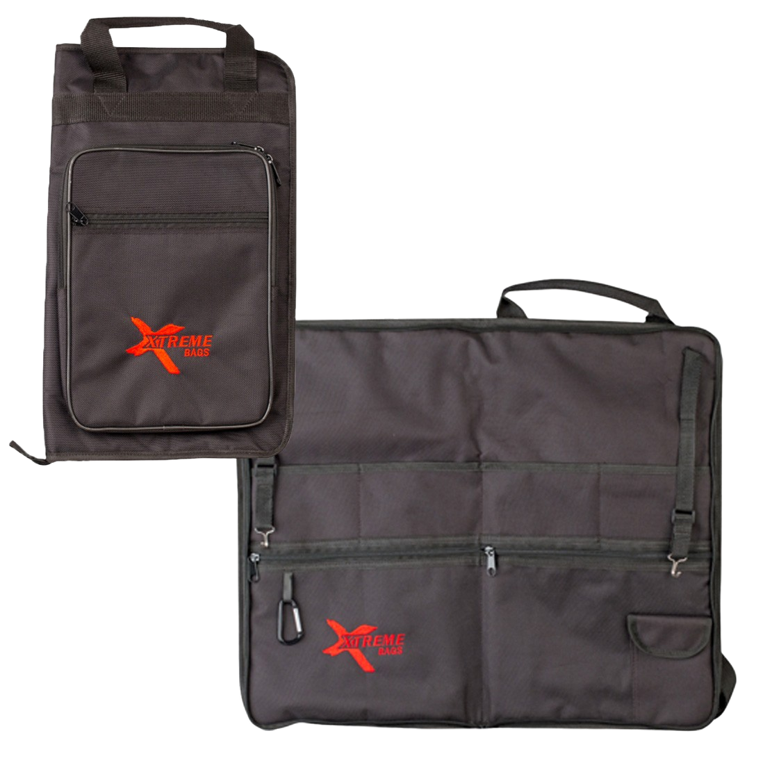 A composite image showing a black Xtreme Bags carrying case closed on the left, and fully opened on the right to reveal multiple internal pockets, zippers, and hanging straps.
