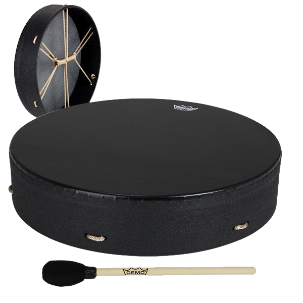 A black Remo Bahia 16 Buffalo Drum positioned above a wooden mallet with a black padded head, featuring a secondary inset image showing the reverse side's crossed rope suspension handle.