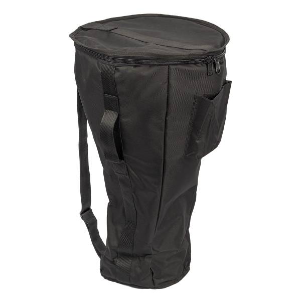 A black nylon djembe bag featuring a top-zip closure, a side pocket with a flap closure, a carrying handle, and an attached shoulder strap.