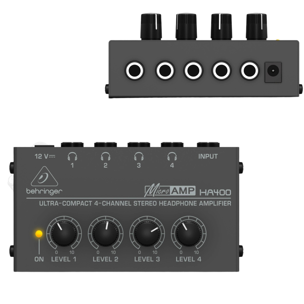 A black Behringer Microamp HA400 unit with four volume knobs, displayed next to its black AC power adapter and cable.