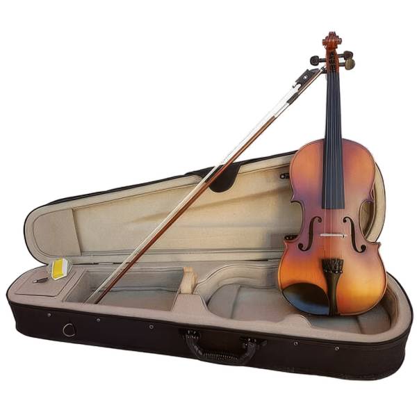 A Vivo violin and bow resting inside a shaped black instrument case with a soft grey padded interior, alongside a small yellow box of rosin.