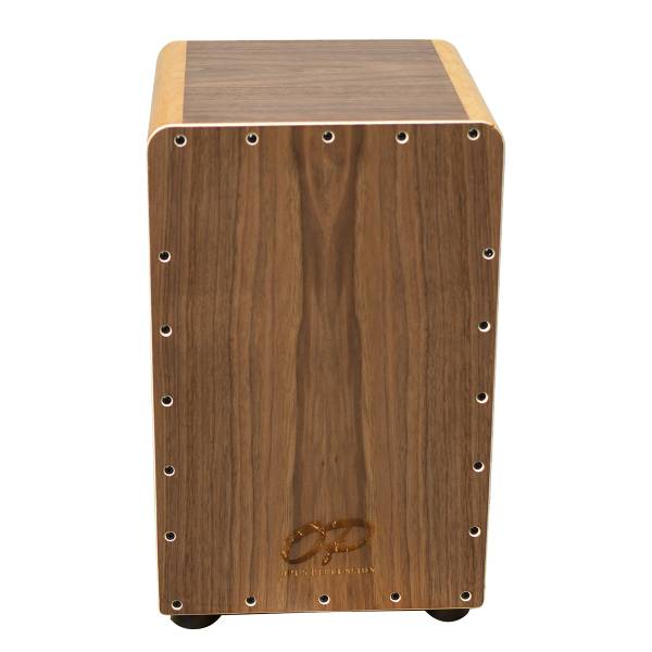 An Opus Percussion wooden cajon featuring a dark walnut finish faceplate, a contrasting light wood body, perimeter screws, and an engraved OP logo.