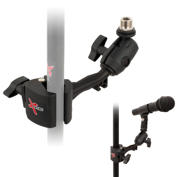 Black plastic microphone clamp attached to a translucent pole, with a secondary inset showing the clamp holding a physical black microphone on a dark stand.