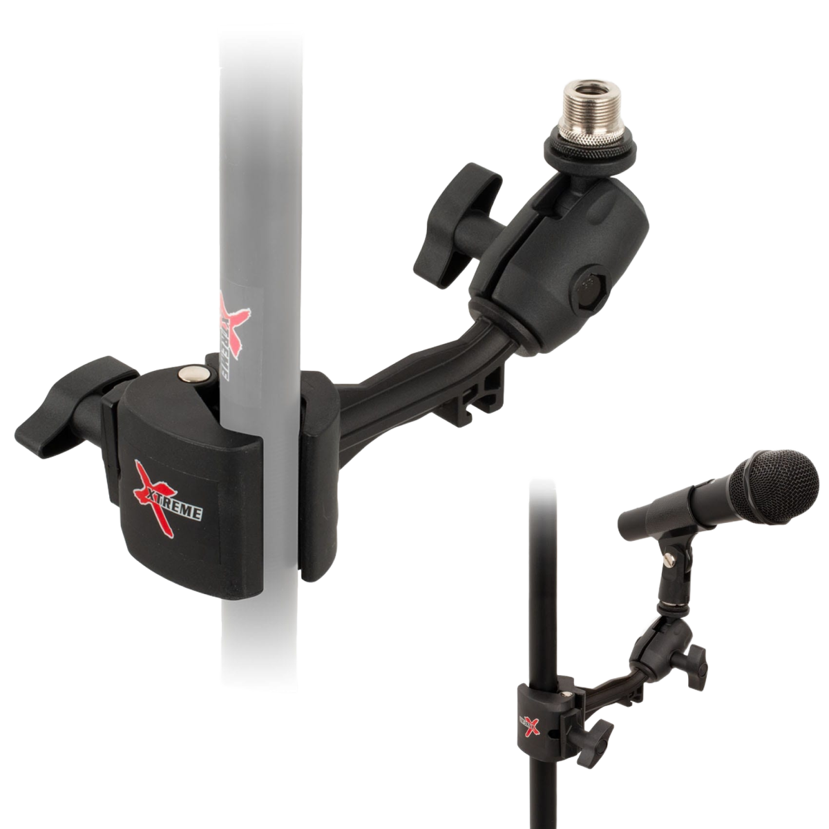 Black plastic microphone clamp attached to a translucent pole, with a secondary inset showing the clamp holding a physical black microphone on a dark stand.