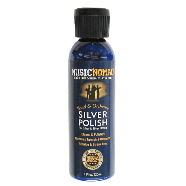 A blue 4 fluid ounce squeeze bottle with a ribbed black cap, labeled Music Nomad Band & Orchestra Silver Polish for Silver & Silver Plating.