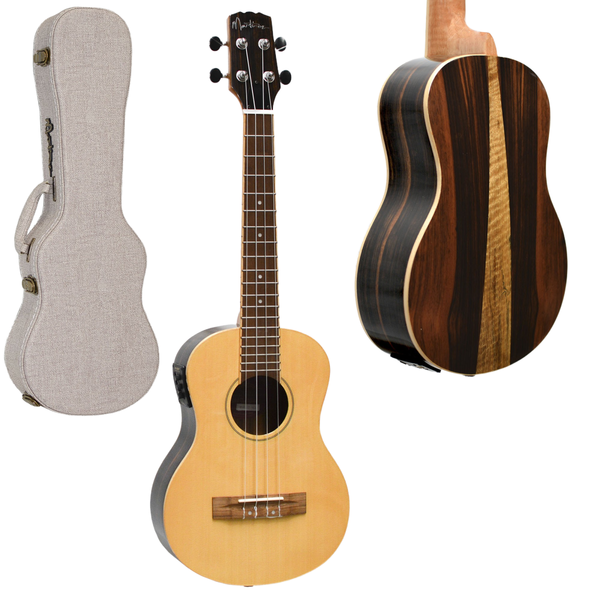 A Martinez MSBC-7-NGL acoustic-electric concert ukulele featuring a light solid spruce top and a striking, prominently striped dark wood back, positioned next to a textured ivory hard case.