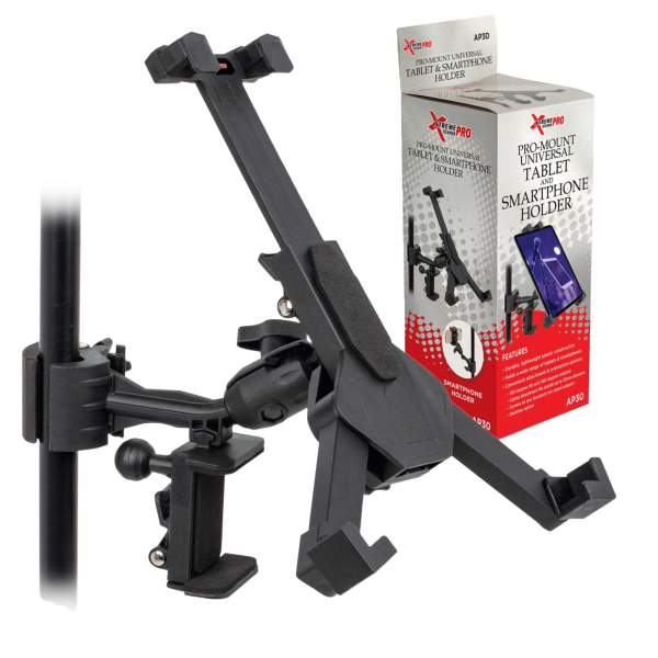 The Xtreme AP30 adjustable black tablet holder clamped to a stand pole beside its grey and red retail display box, which features printed illustrations of the mount in use.