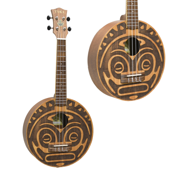 TIKI MAN UKULELE ROUND BODY WITH ENGRAVED TIKI LOGO FACE AND GIG BAG