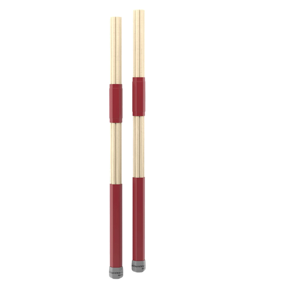 A pair of Promark Thunder Rods featuring seven large birch dowels bound together with red casing on the handles and midsections.