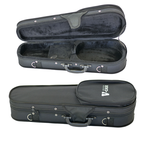 Black V-Case ultra-lightweight poly-foam ukulele case displayed in two views: open to reveal a soft black plush interior, and closed showing the handle, D-rings, and a large zippered external pocket.