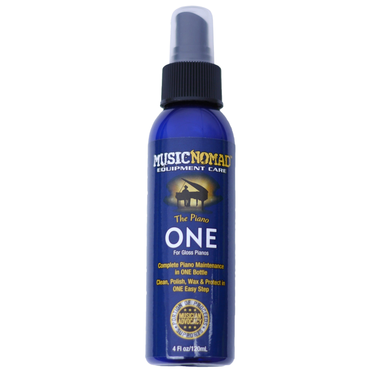 Single four ounce spray bottle of Music Nomad The Piano ONE gloss polish.