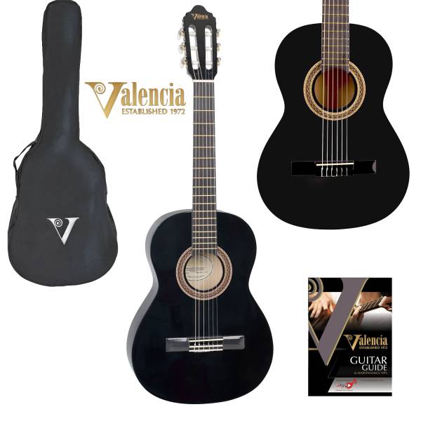VALENCIA CLASSICAL NYLON STRING BLACK GUITAR WITH BAG - SELECT SIZE