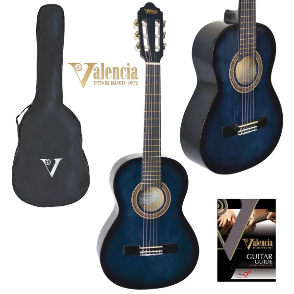 VALENCIA CLASSICAL NYLON STRING GUITAR BLUE BURST with BAG - SELECT SIZE