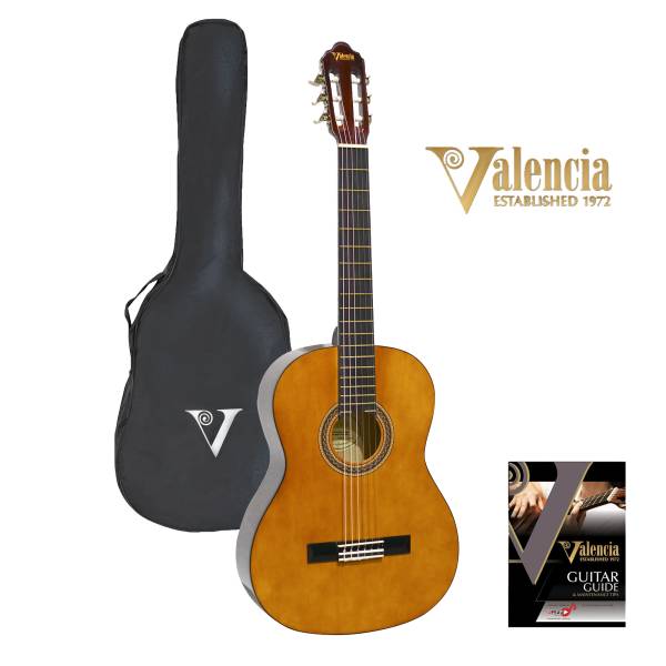 VALENCIA CLASSICAL NYLON STRING GUITAR NATURAL GLOSS with BAG - SELECT SIZE