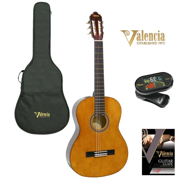 VALENCIA STUDENT CLASSICAL GUITAR KIT NATURAL GLOSS W/ BAG & TUNER - SELECT SIZE