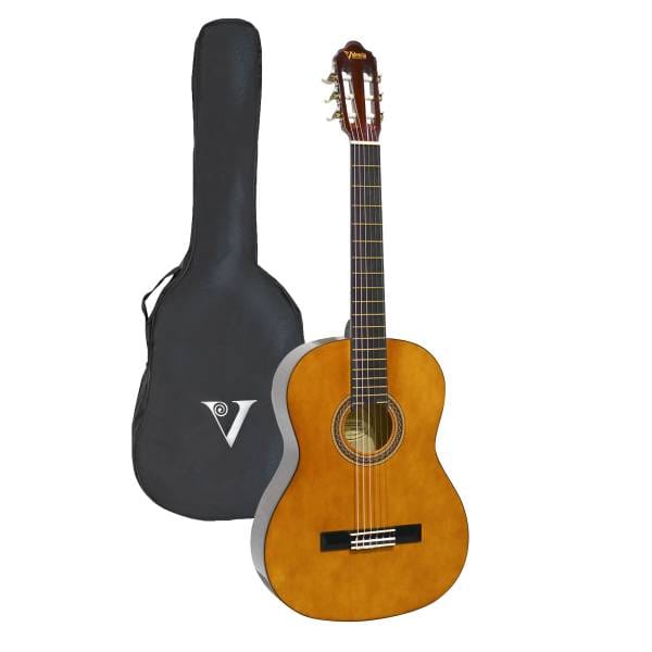 Valencia VC104 full-size classical nylon string guitar in natural gloss with its included black gig bag with Valencia logo