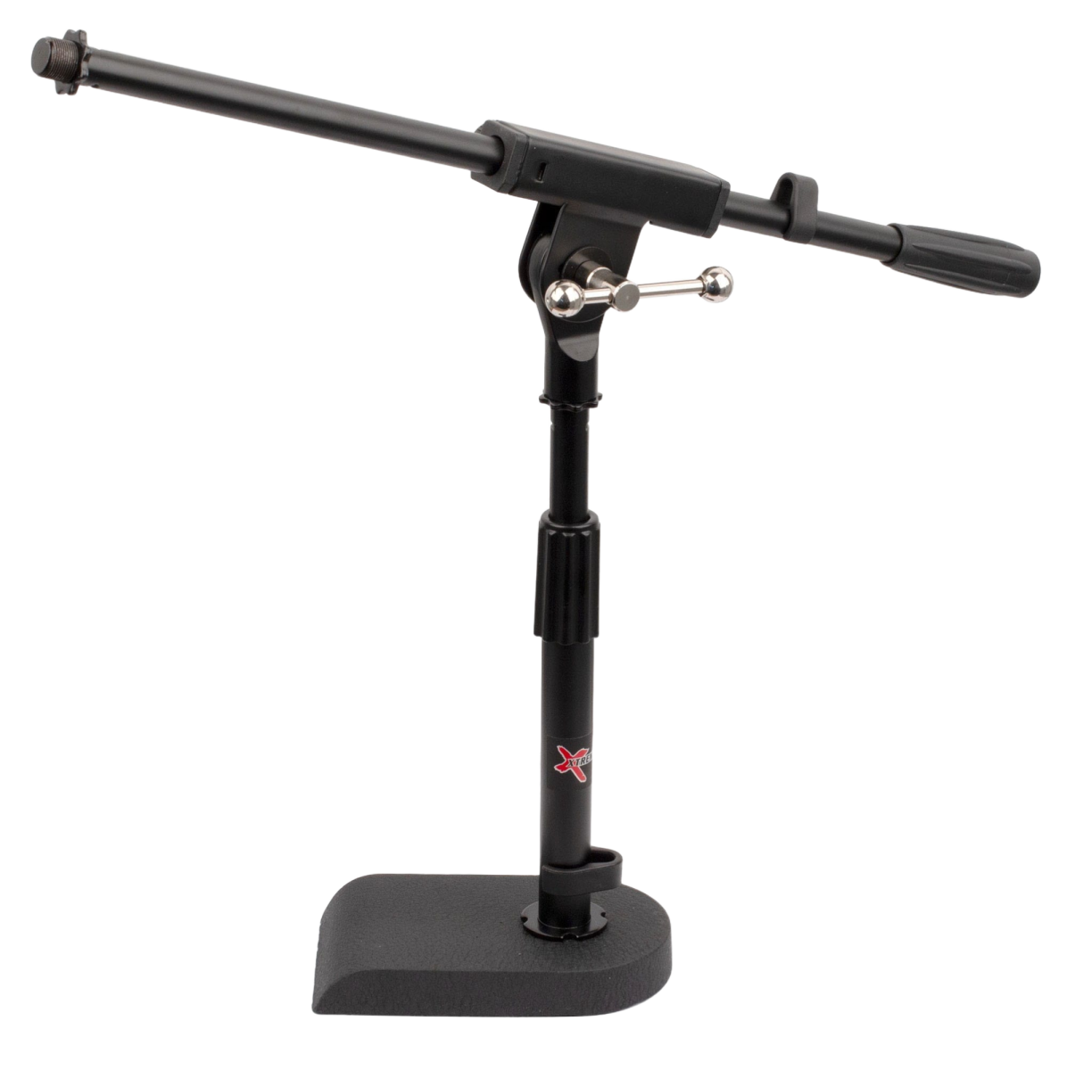 Short black microphone boom stand featuring a solid, heavy cast base with a flat back edge, an upright pole with a red Xtreme logo sticker, and an adjustable boom arm.