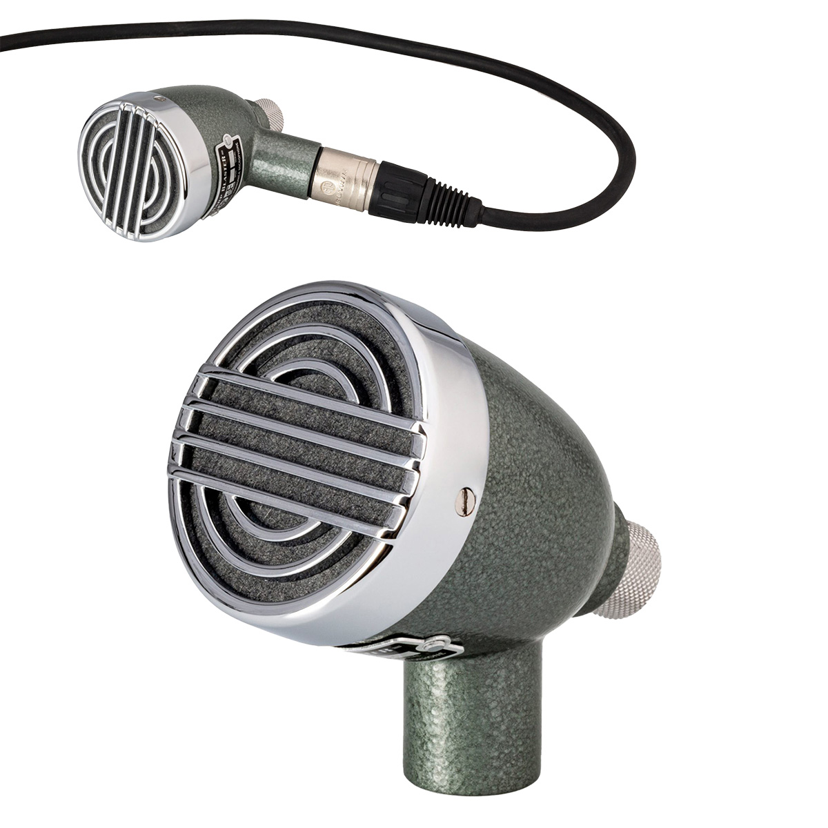 Green hammertone Hohner Harp Blaster microphone with a chrome grille, shown with a black cable attached, alongside an inset close-up of the microphone face.