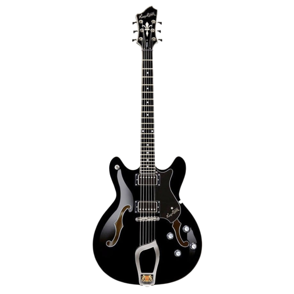 Hagstrom Viking semi-hollow body electric guitar in Black Gloss, featuring a double-cutaway shape, f-holes, dual humbuckers, and a trapeze tailpiece.