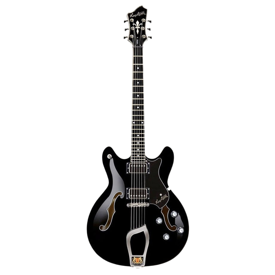 Hagstrom Viking semi-hollow body electric guitar in Black Gloss, featuring a double-cutaway shape, f-holes, dual humbuckers, and a trapeze tailpiece.