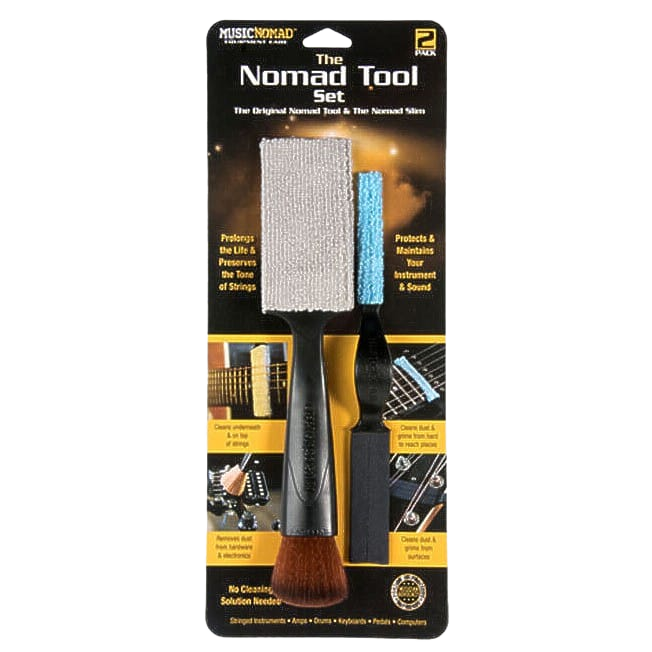 A retail blister pack card containing two cleaning tools. The wider tool features a black handle, a white microfiber pad, and a brown bristle brush. The narrower tool has a black handle, a blue microfiber pad, and a black scraper pad. The packaging includes text and inset illustrations of the tools being used on a guitar.