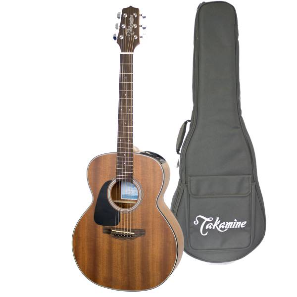 Front view of a small-bodied left-handed Takamine GX11MENSLH Taka-mini acoustic-electric guitar displayed next to a black gig bag.