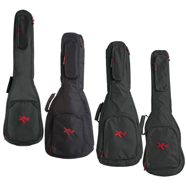 Four black Xtreme TB310 gig bags arranged in a row, featuring front and top accessory pockets with red Xtreme Bags logos, red zipper accents, and side handles.