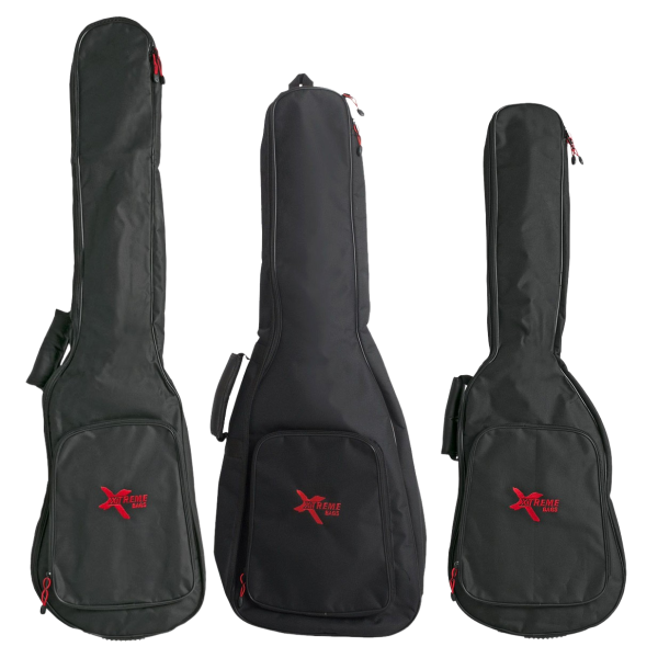 Three black Xtreme TB305 soft gig bags in varying sizes standing upright, showing red Xtreme Bags logos and red zipper pulls on the front accessory pockets.