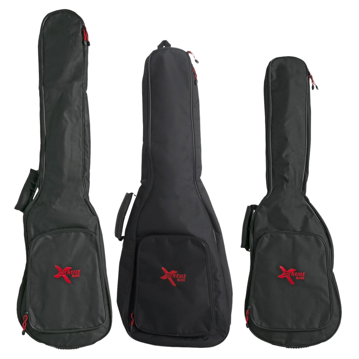 Three black Xtreme TB305 soft gig bags in varying sizes standing upright, showing red Xtreme Bags logos and red zipper pulls on the front accessory pockets.
