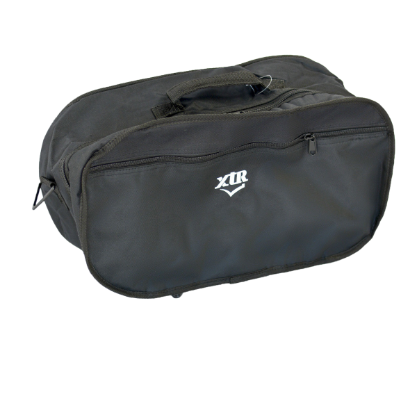 Compact black duffel-style bag with a white XTR logo, top carrying handle, and a front zippered compartment.