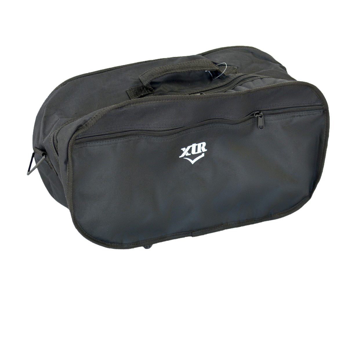 Compact black duffel-style bag with a white XTR logo, top carrying handle, and a front zippered compartment.