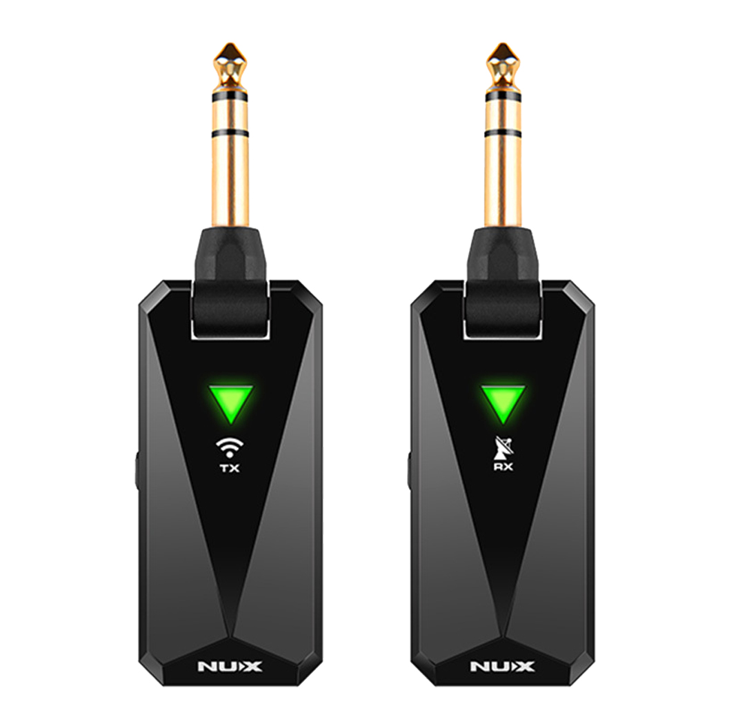 NUX B5RC Deluxe wireless guitar system displaying two black transmitter and receiver units with gold-plated articulated quarter-inch jacks and illuminated green triangular LED indicators.