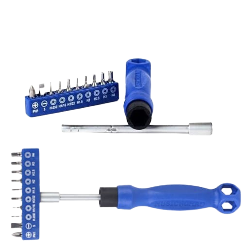 At the top is a blue bit holder containing ten silver bits, alongside a blue handle with a black socket end, and a silver metal shaft. Below this configuration is a second view showing the blue handle attached to the metal shaft and a bit holder head.