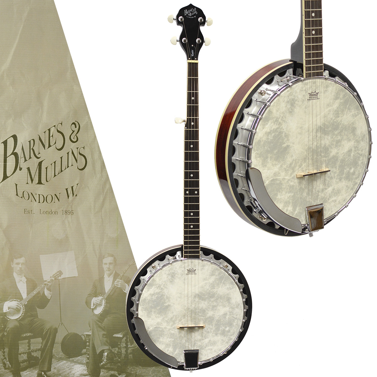 Explore the Barnes & Mullins BJ300 Perfect 5 String Banjo. Featuring a mahogany resonator, aluminium rim, and Remo WeatherKing head for authentic bluegrass tone.