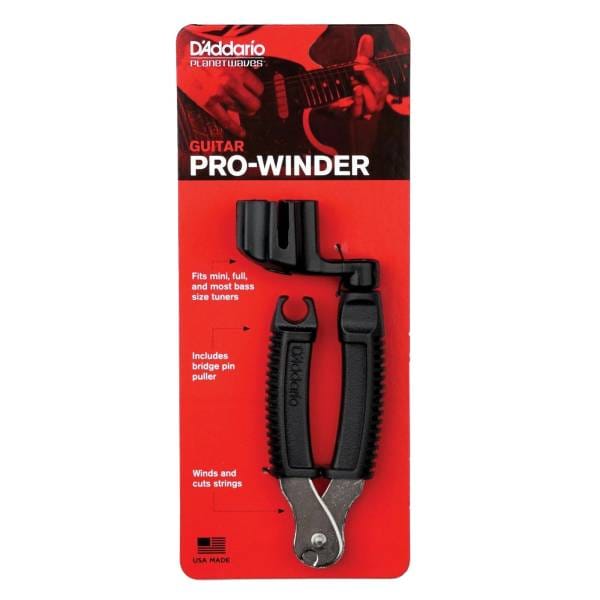 D'Addario DP0002 Guitar Pro-Winder packaged on a red backing card, highlighting its built-in string cutter, bridge pin puller, and universal tuning peg winder.