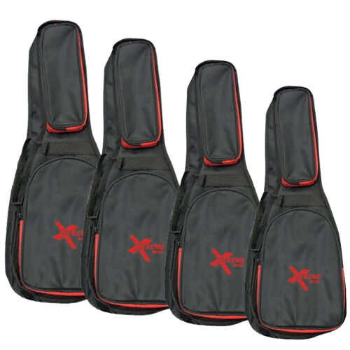 four sizes of ukulele black bags with red trim and red xtreme logo