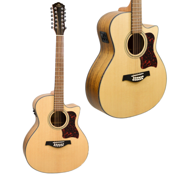 A Gilman GA112CE 12-string acoustic-electric guitar with a natural finish top, a cutaway, and dark wood back and sides. An inset image highlights the side-mounted preamp and EQ control panel.