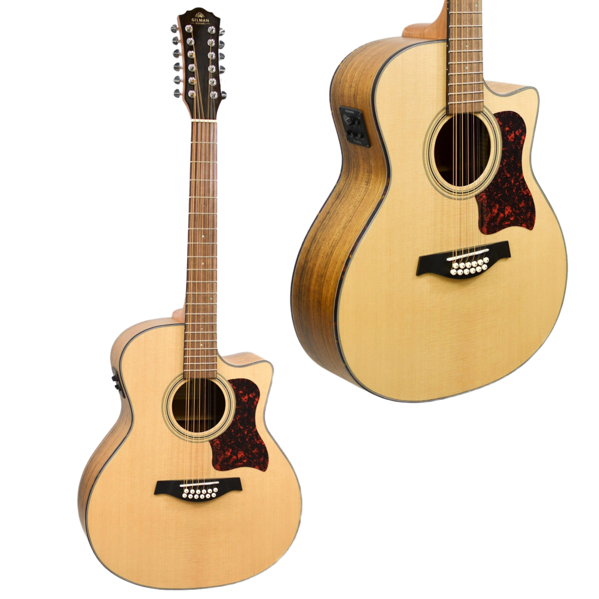 A Gilman GA112CE 12-string acoustic-electric guitar with a natural finish top, a cutaway, and dark wood back and sides. An inset image highlights the side-mounted preamp and EQ control panel.