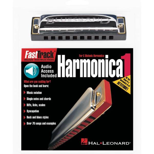 Hohner Bluesband harmonica in a white blister pack with a black and red Hal Leonard FastTrack Harmonica 1 instructional book cover.