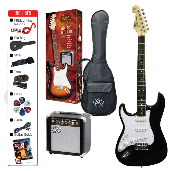 Black left-handed SX SE1 3/4 size electric guitar displayed with included amplifier, gig bag, and retail packaging box.