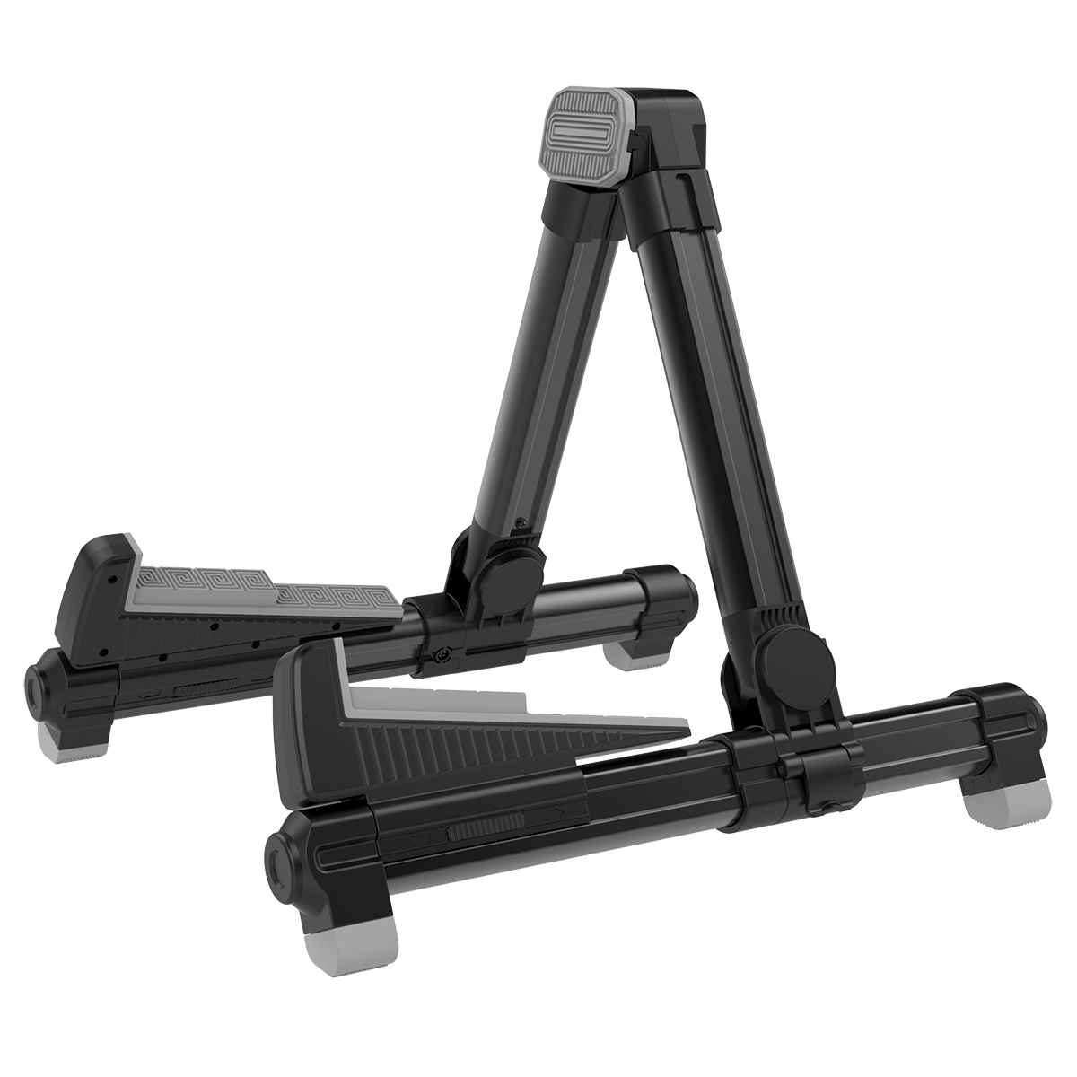 Aroma AGS08 A-frame guitar stand constructed from black aluminium alloy with black protective padding on the adjustable support arms, backrest hinge, and base feet.