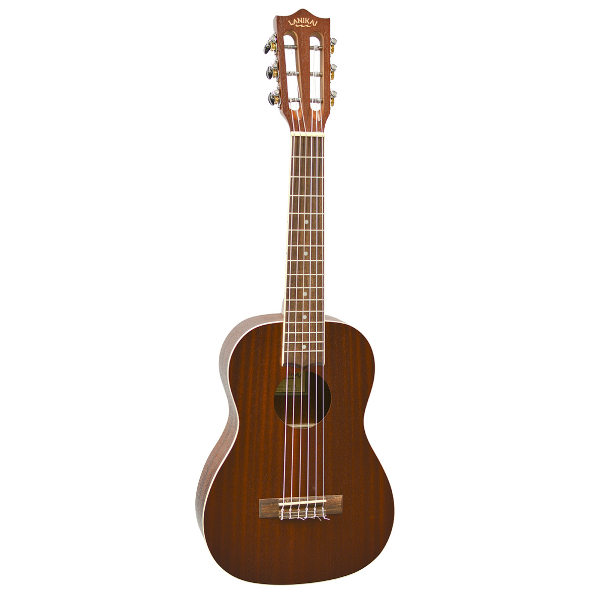 Six-string guitalele with a mahogany body, slotted headstock, and dark wood fingerboard.