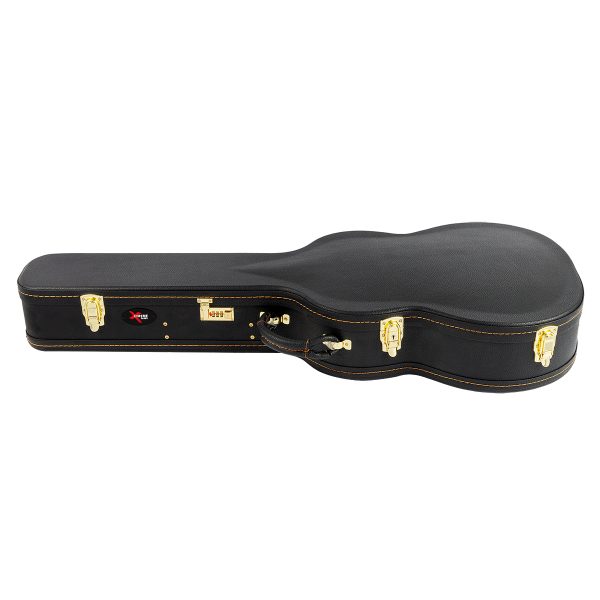 Shaped black classical guitar hard case shown open and closed, featuring yellow stitching, gold-colored latches including a combination lock, and a black plush interior.
