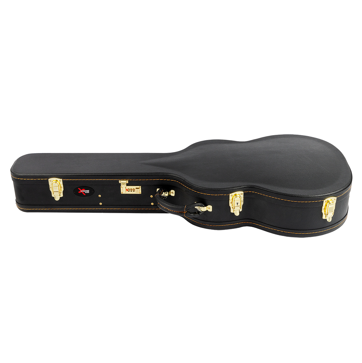 Shaped black classical guitar hard case shown open and closed, featuring yellow stitching, gold-colored latches including a combination lock, and a black plush interior.